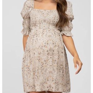 Pink Blush-	Beige Floral Smocked Square Neck Puff Sleeve Maternity Dress